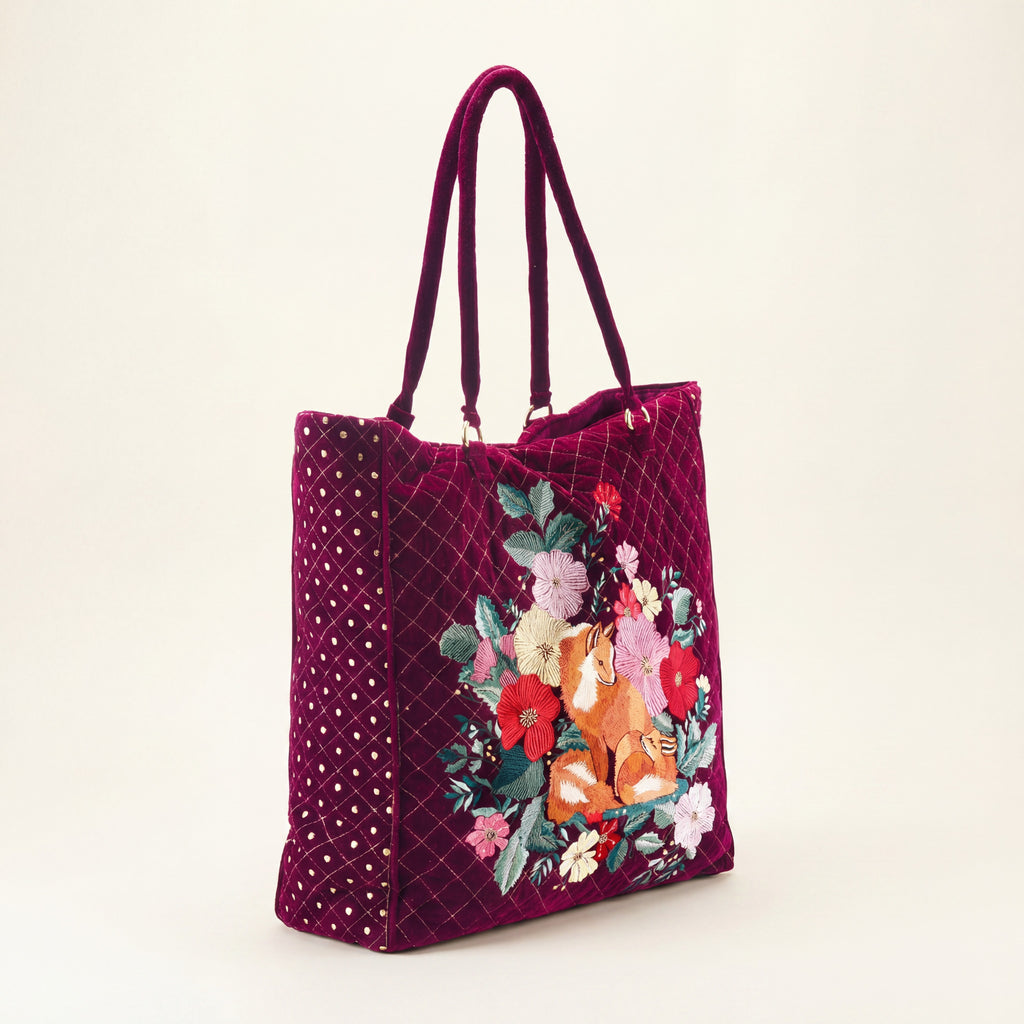 The Savannah Luxe Tote - Cherry Red - Oversized Embroidered Velvet Tote