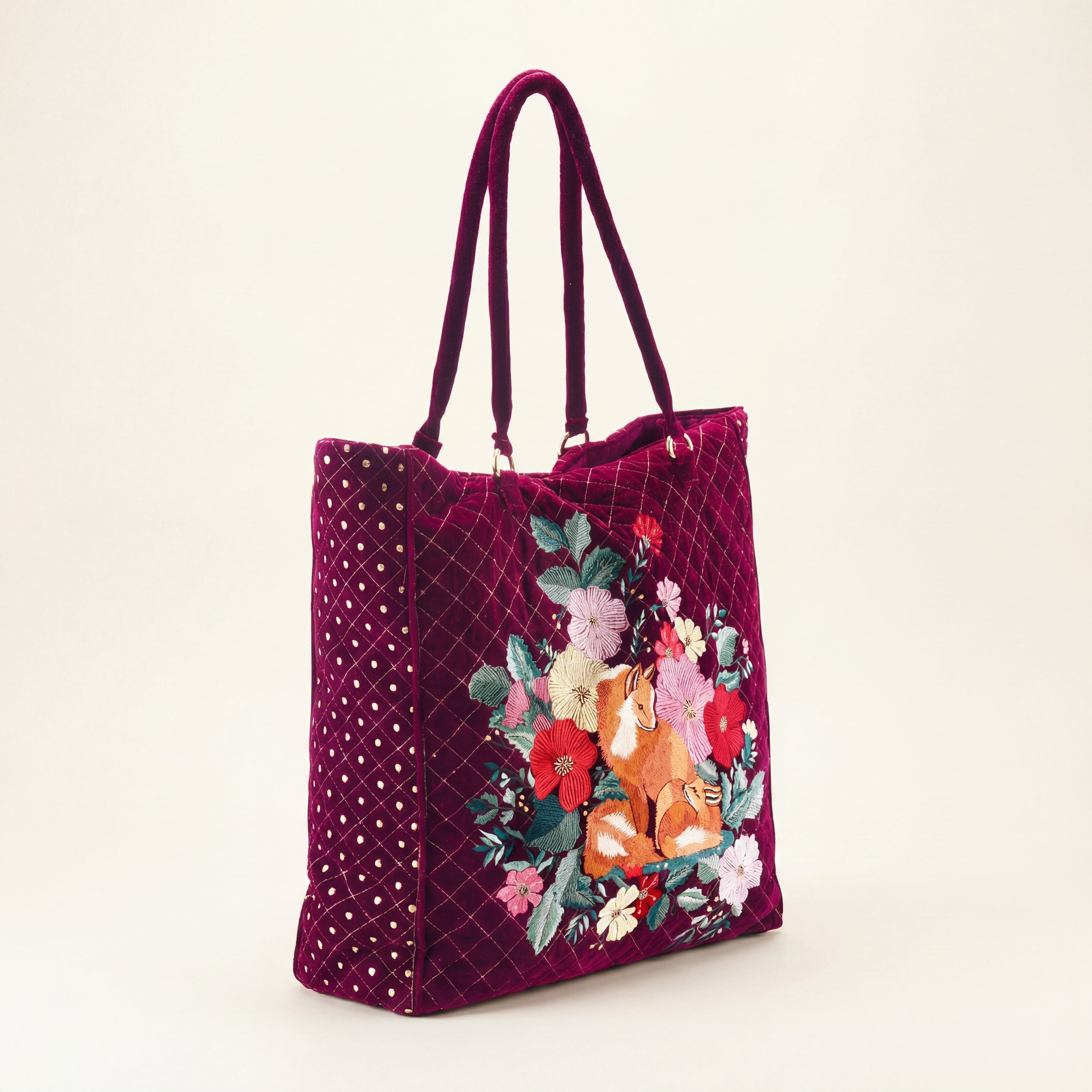 The Savannah Luxe Tote - Cherry Red - Oversized Embroidered Velvet Tote