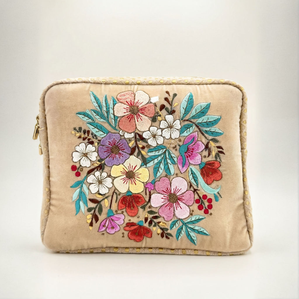 The Olivia Luxe Pouch - Butter Cream - Quilted Embroidered Velvet Pouch
