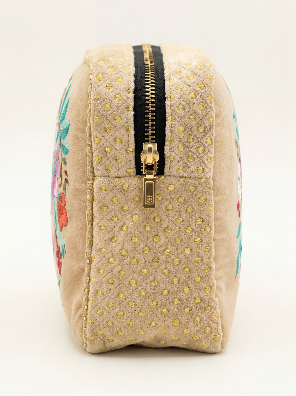 The Olivia Luxe Pouch - Butter Cream - Quilted Embroidered Velvet Pouch