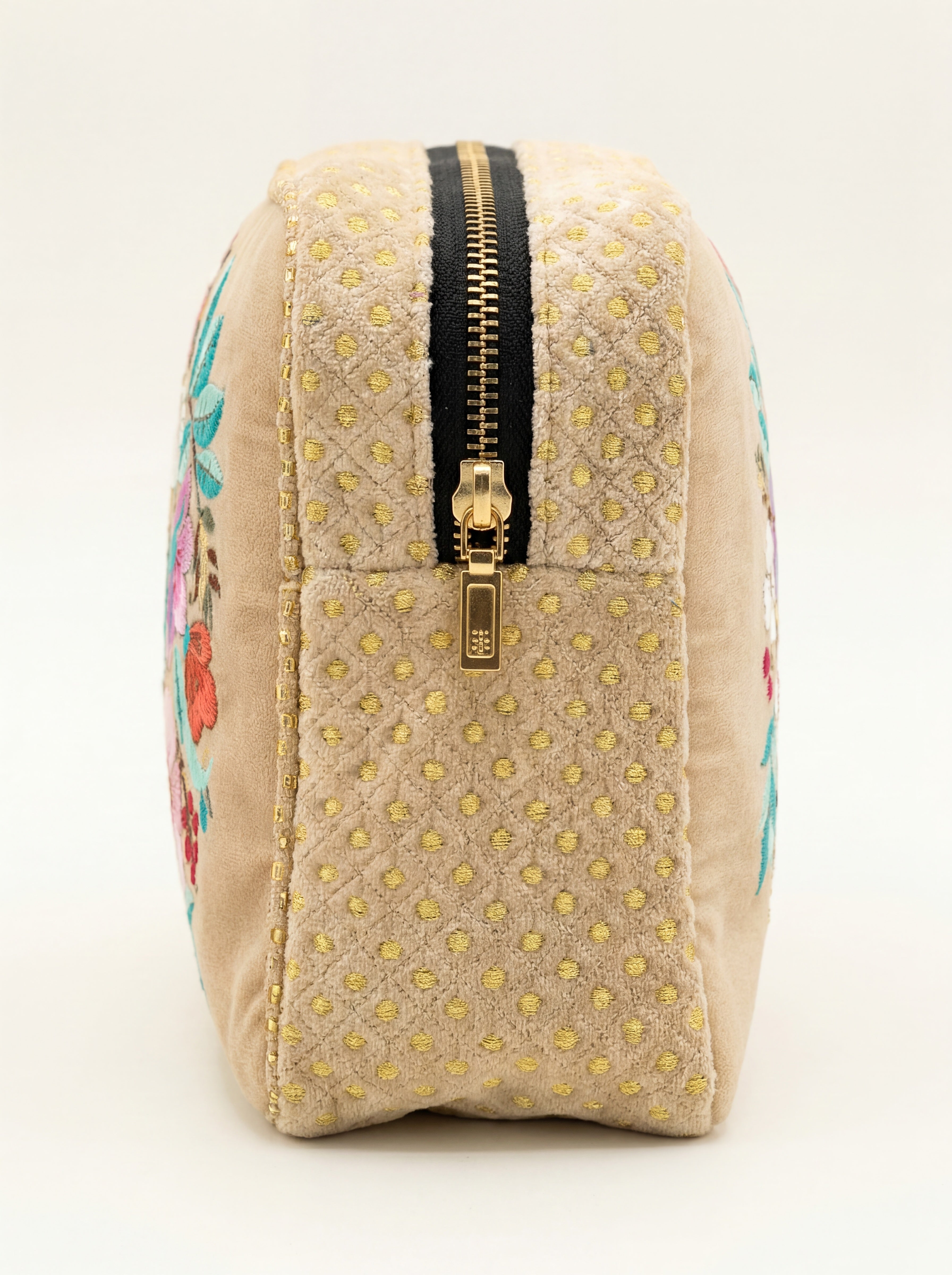The Olivia Luxe Pouch - Butter Cream - Quilted Embroidered Velvet Pouch
