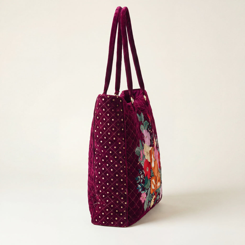 The Savannah Luxe Tote - Cherry Red - Oversized Embroidered Velvet Tote