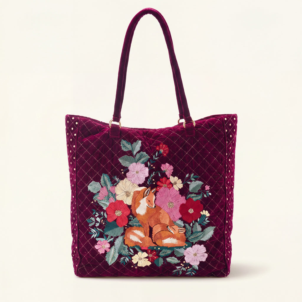 The Savannah Luxe Tote - Cherry Red - Oversized Embroidered Velvet Tote