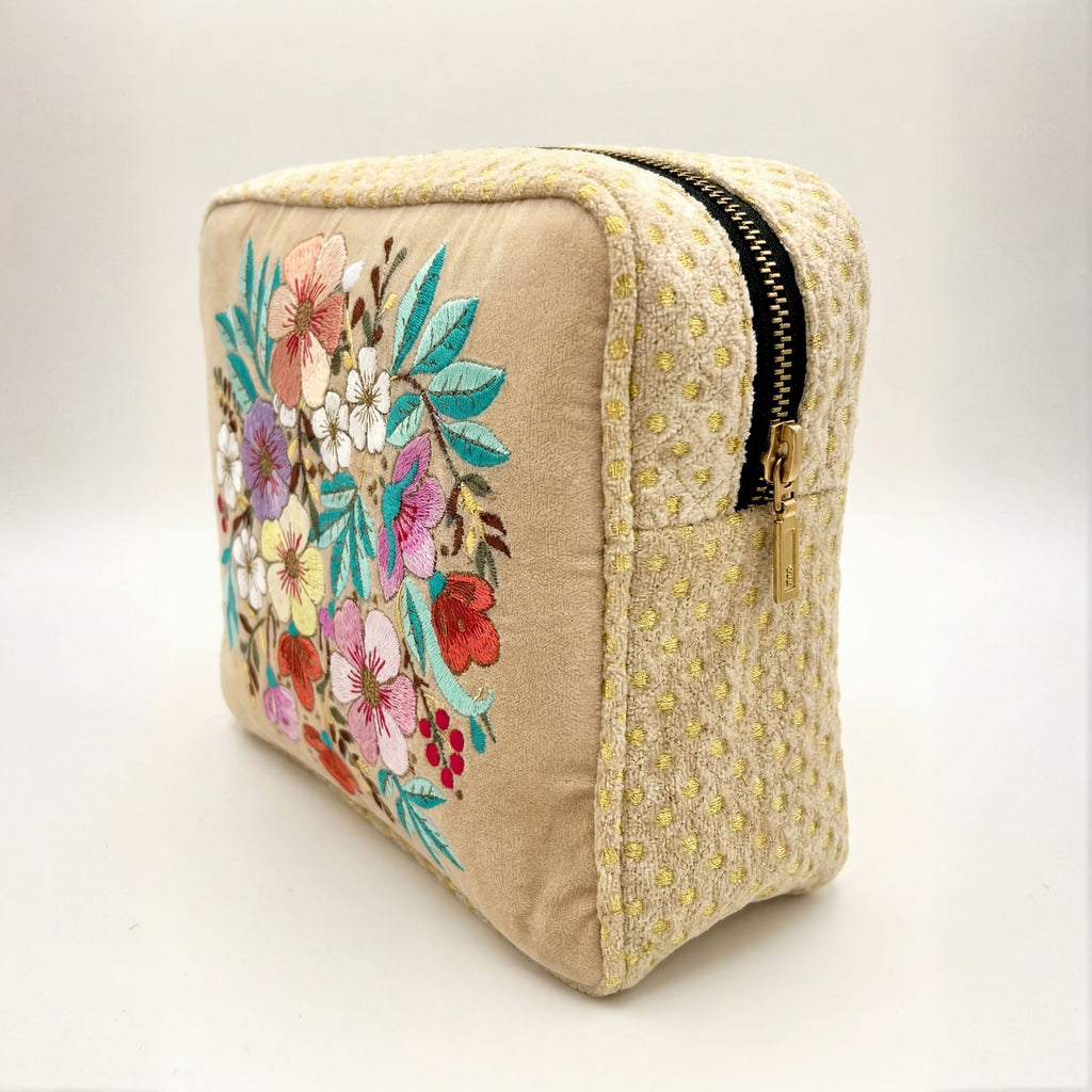The Olivia Luxe Pouch - Butter Cream - Quilted Embroidered Velvet Pouch
