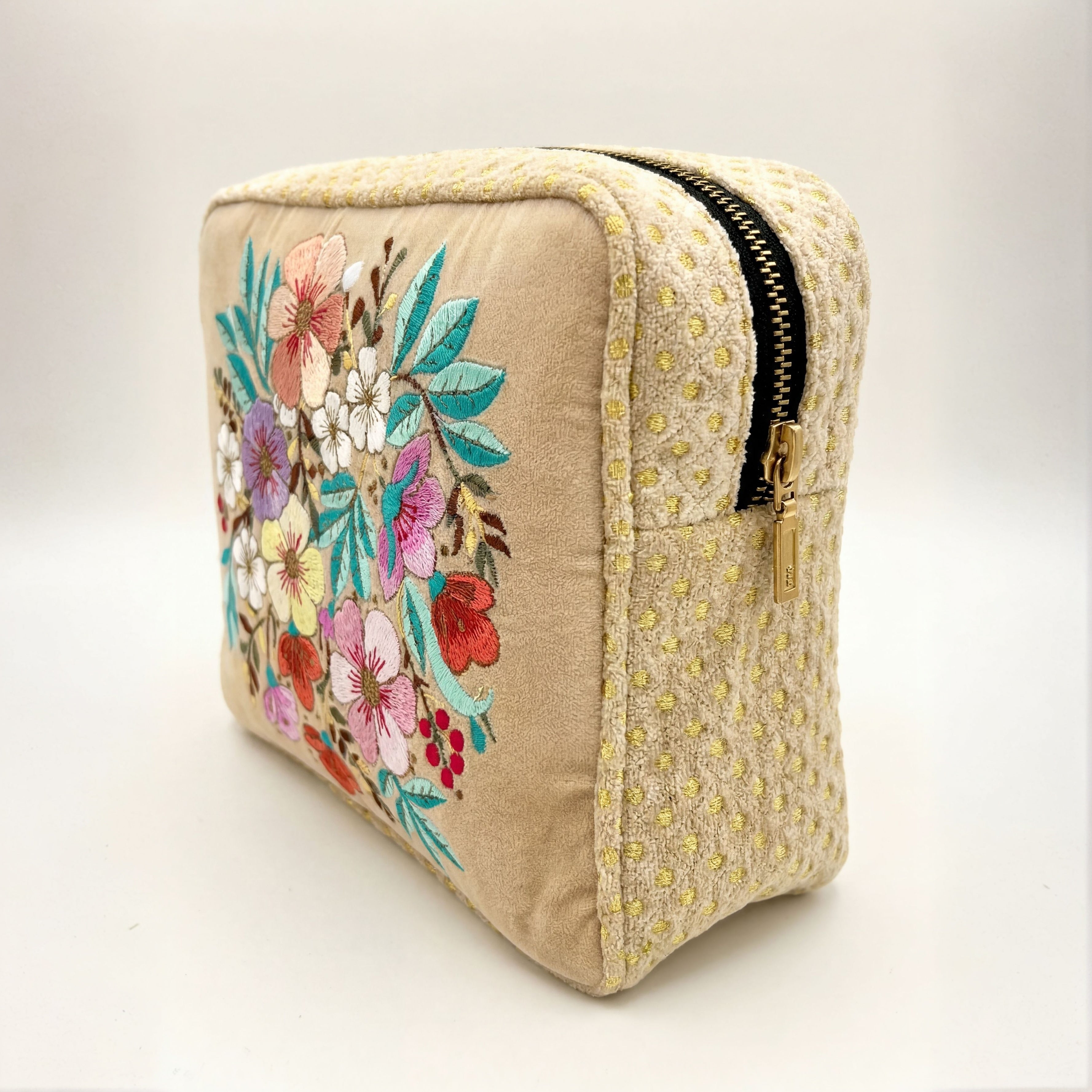 The Olivia Luxe Pouch - Butter Cream - Quilted Embroidered Velvet Pouch