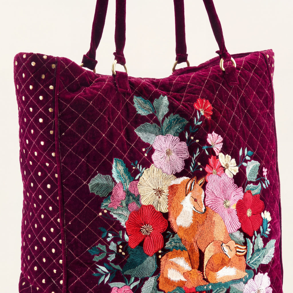 The Savannah Luxe Tote - Cherry Red - Oversized Embroidered Velvet Tote