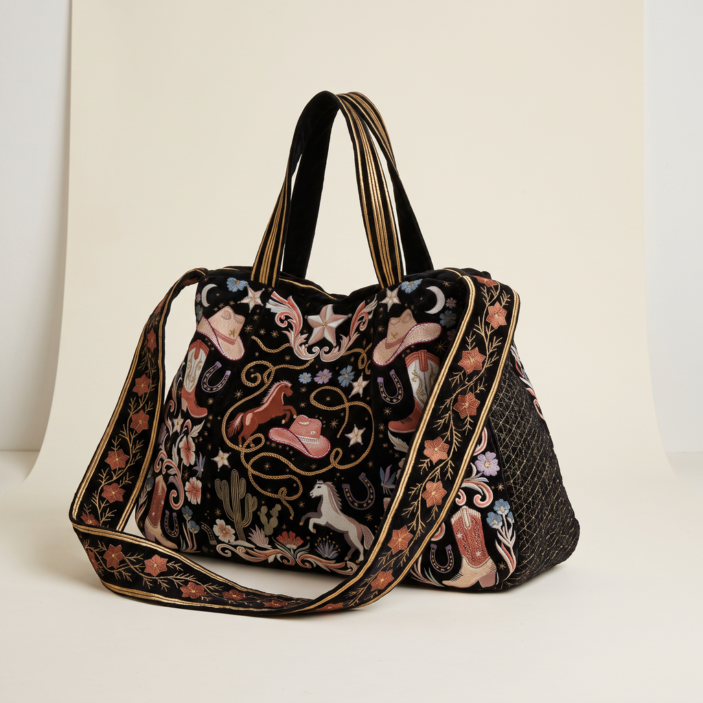 A black tote bag with a whimsical embroidered pattern of pink shoes, stars, and floral motifs, featuring gold trim and dual top handles, set against a neutral cream background.